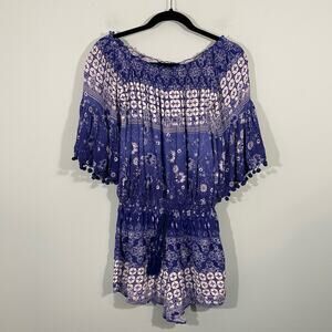 RAGA Women's Blue Graphics Off Shoulder Romper Size S